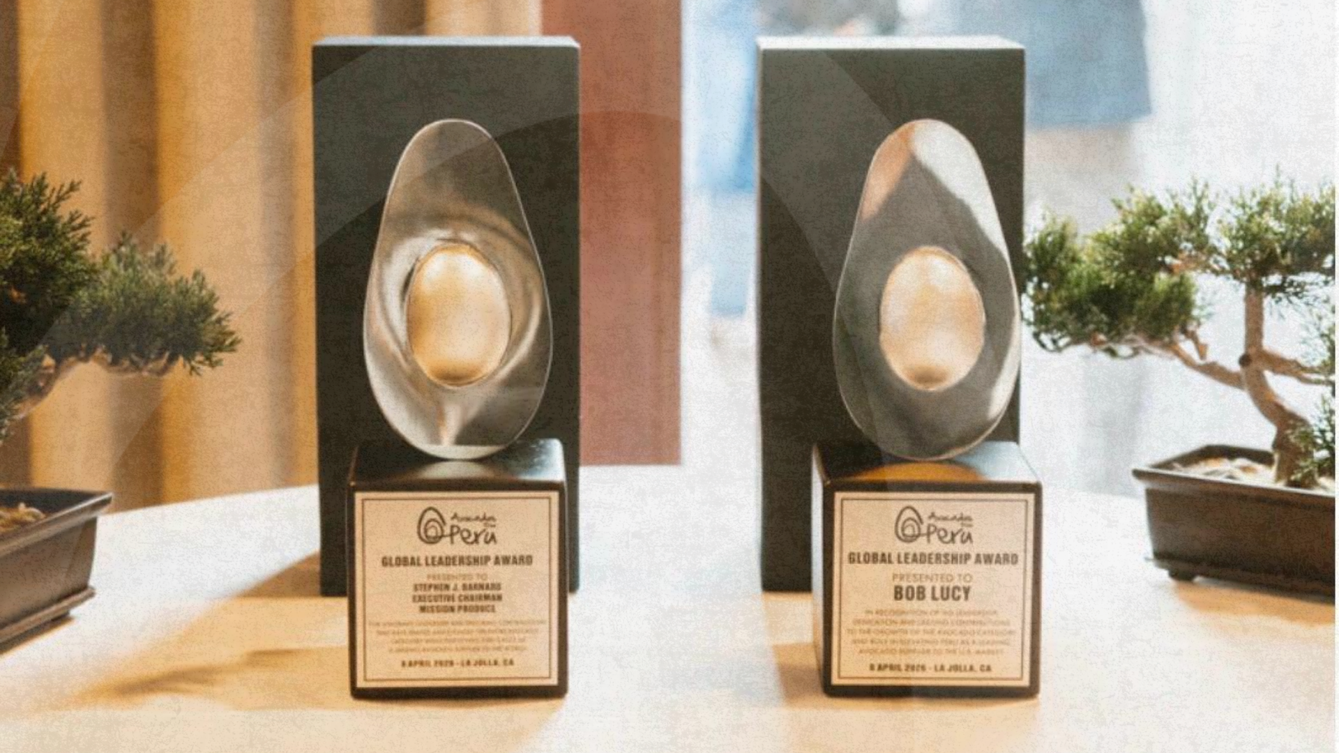 Two Avocados from Peru Global Leadership Award trophies displayed on a table.