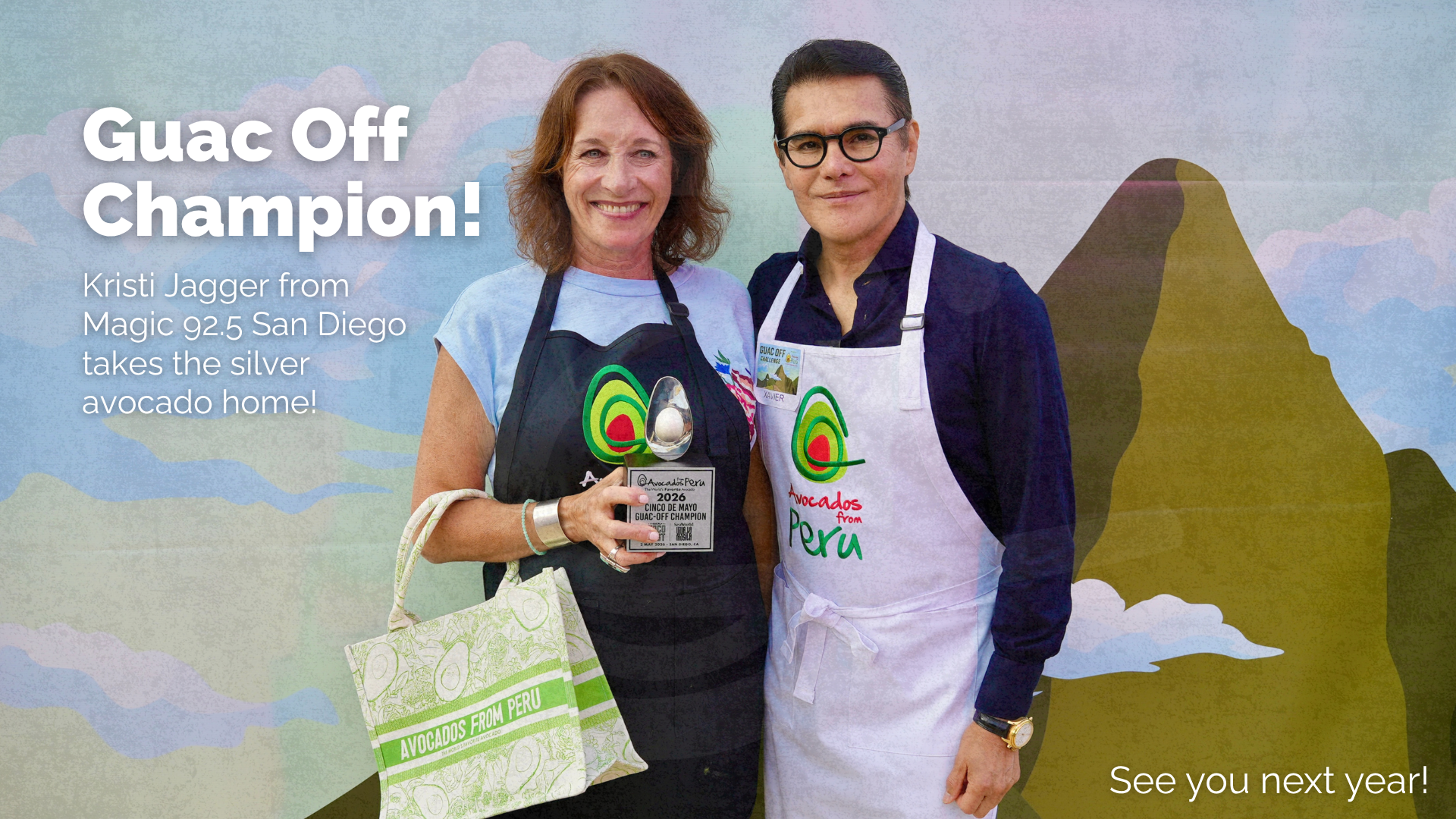 Guac Off Challenge champion poses with the silver avocado trophy at the Avocados From Peru event in SeaWorld San Diego.