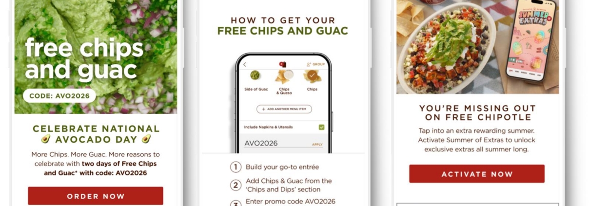 Three mobile screens promoting Chipotle’s free chips and guacamole offer for National Avocado Day in partnership with Avocados from Peru.
