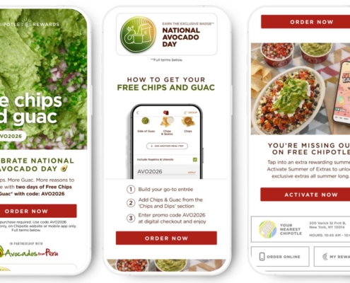 Three mobile screens promoting Chipotle’s free chips and guacamole offer for National Avocado Day in partnership with Avocados from Peru.