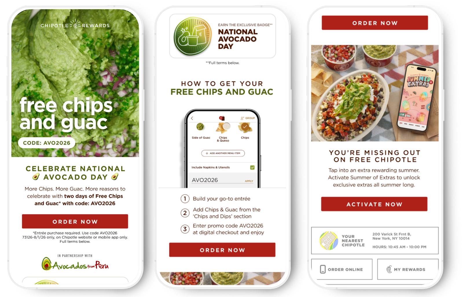 Three mobile screens promoting Chipotle’s free chips and guacamole offer for National Avocado Day in partnership with Avocados from Peru.
